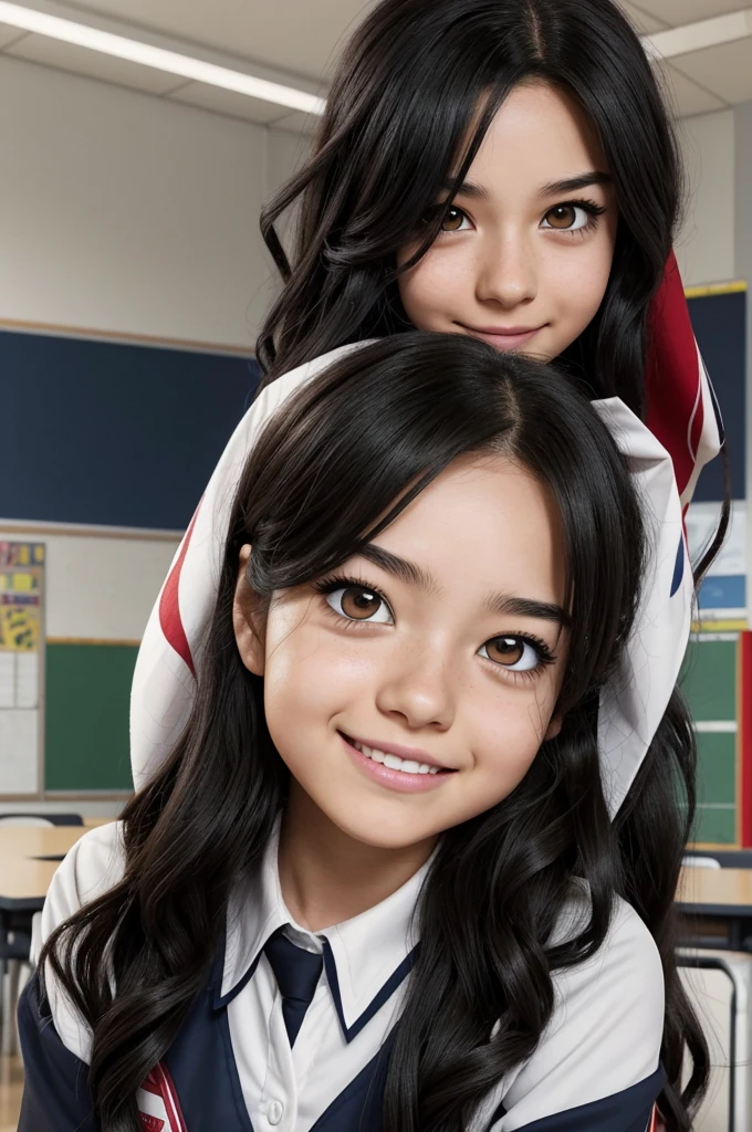 Screenshot of my hero academia, girl with long black wavy hair with some strands falling down her face,black eyes,mole on the left cheek and on the lip line on the right side,happy and blushing face,UA uniform,In classroom,sitting on top of Bakugou Katsuki with a serious but blushing face and hands on the girl's waist..