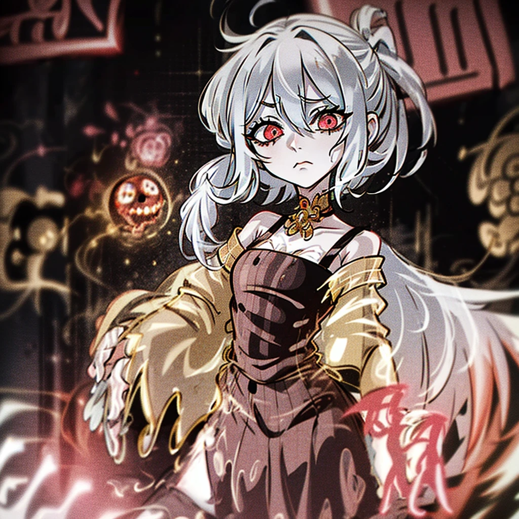 In the secluded kingdom of the Hazbin Hotel, charming feminine broken demon doll exists as the only character, with intricate gold patterns on broken porcelain skin.. with black & white hair as a result of injury and fiery red eyes, she has a ghostly and melancholy look. Dressed in a vintage 60s dress., her delicate features and faded white floral patterns evoke both nostalgia and tragedy.. Against the chaotic backdrop of the Hazbin Hotel, Her presence captivates, symbolizing perseverance and enduring strength, resulting from brokenness., serves as a reminder of beauty, found among the sadness in this desolate world. ((20 years)), ((doll joints)), ((black cracks on the skin)), ((NO PINK)), ((One)), ((1Character))