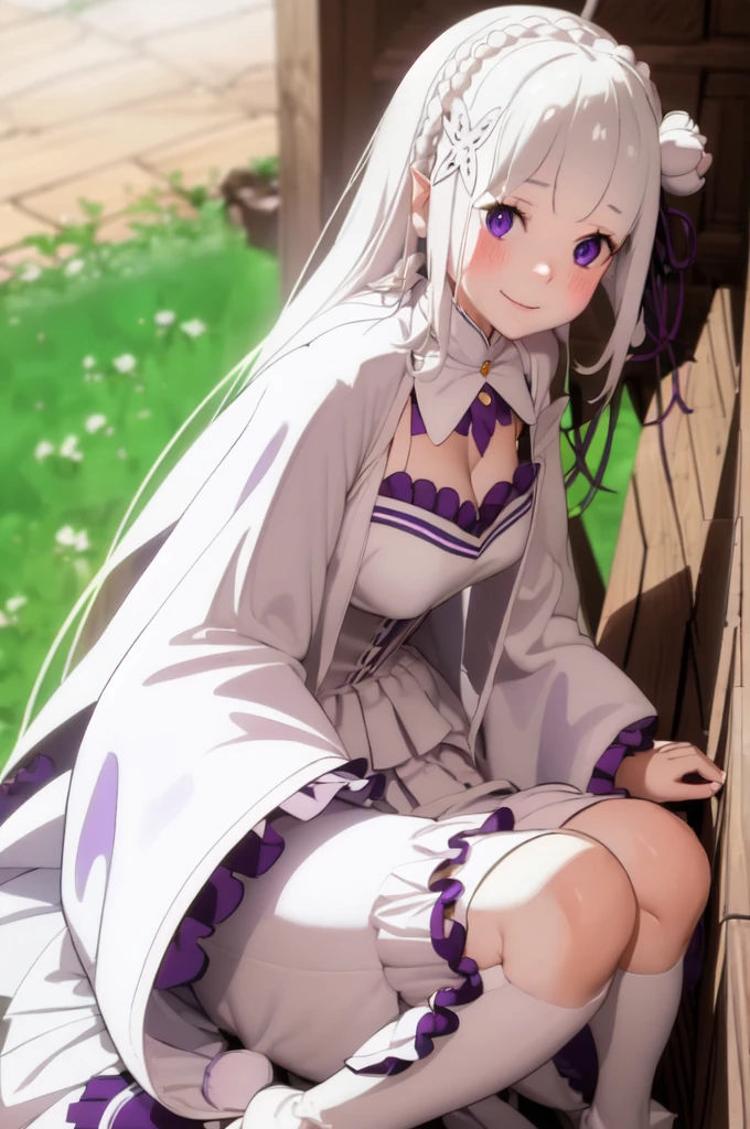 masterpiece, 1girl, Emilia, blunt bangs, long hair, crown braid,
white dress, detached collar, wide sleeves, x hair ornament, hair flower, hair ribbon, white thigh boots, cleavage, purple frills, pleated_white_skirt
sitting on bench, garden, arms at sides,
looking at viewer, (smile:1.2), blush, from above,