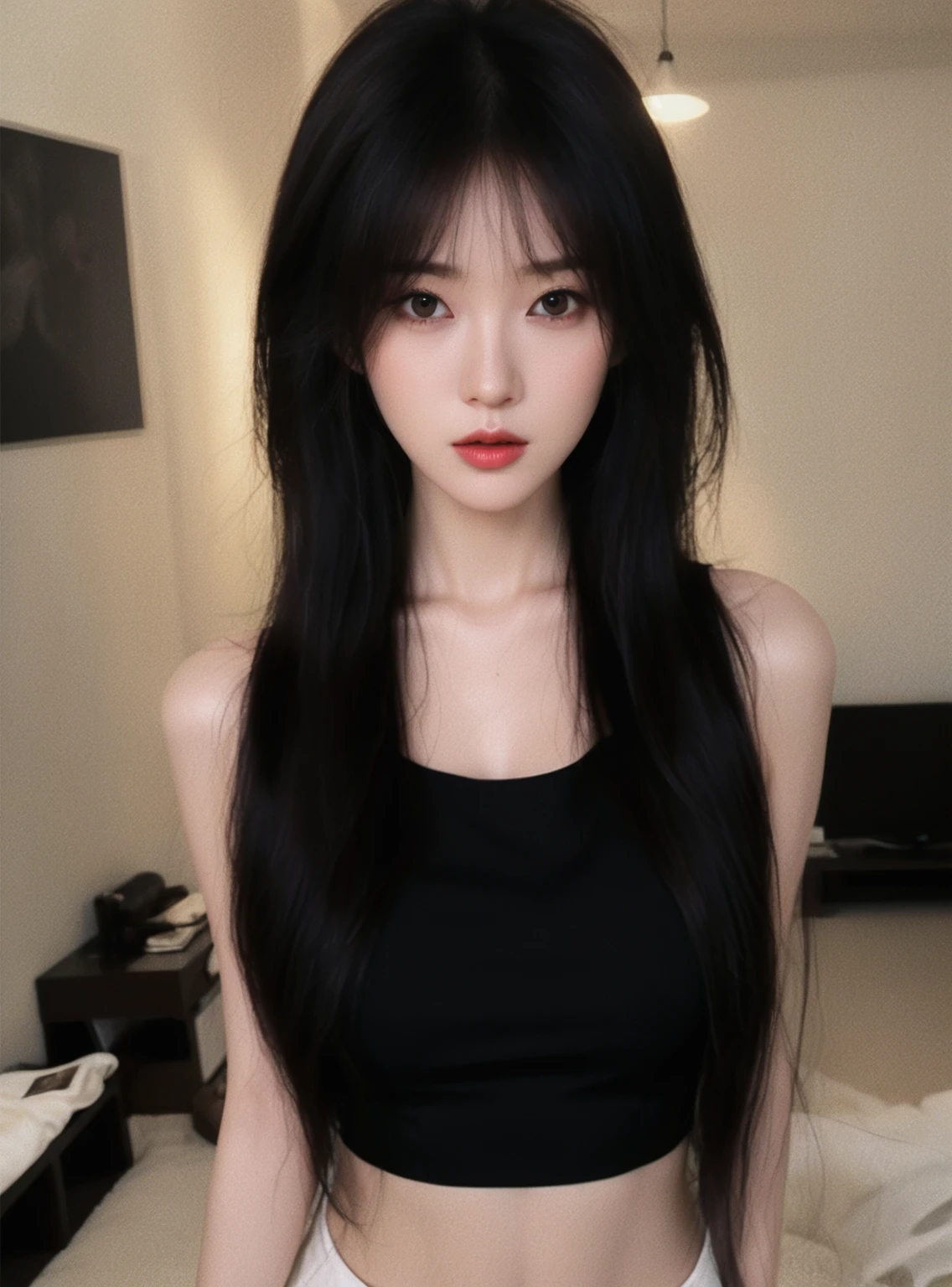 1 beautiful korean woman, korean girl, long black hair with bangs, long dark hair, detailed asian facial features, intense dark eyes, detailed lips, elegant posture, mysterious gothic outfit, dark and moody atmosphere, dramatic lighting, dramatic shadows, cinematic composition, highly detailed, intricate detail, sharp focus, photo-realistic, hyper-realistic, masterpiece, cinematic quality, dramatic colors, moody colors