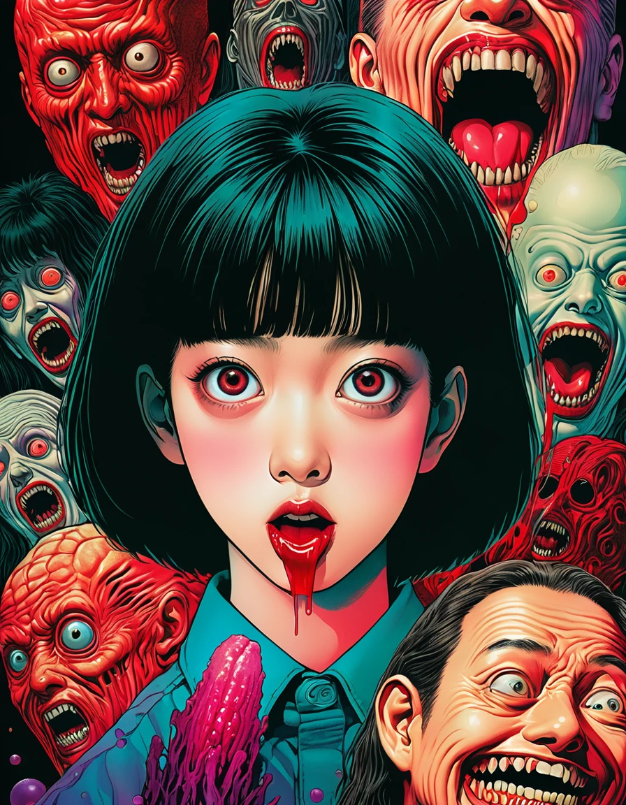 An illustration、art、80s horror movie posters, Supervised by Junji Ito、High detail, Realistic shadows、Analog Style, chromatic aberration, Surrealism、Complementary Gradient