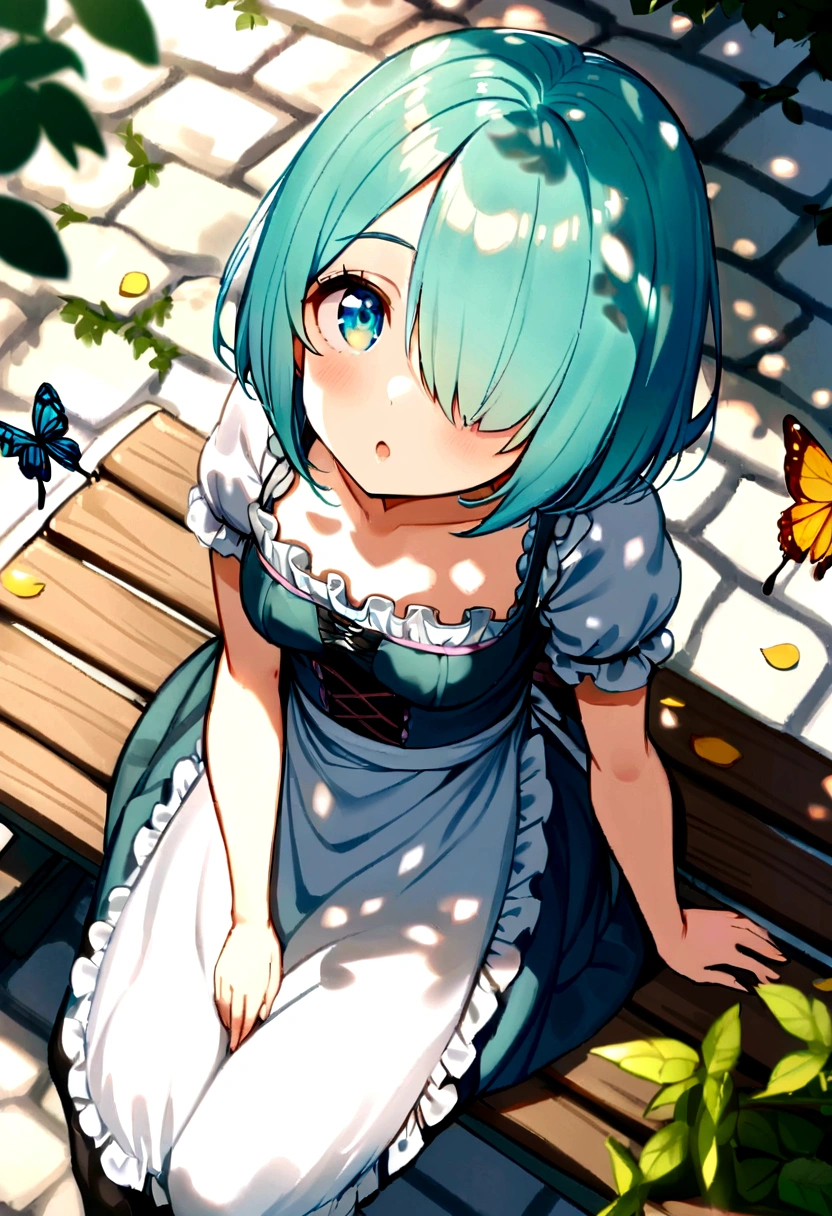 ((solo:1.2)),cute girl sitting on bench in garden,frilled dirndl,from above,looking up,cobblestone pavement,aqua hair,fine bob cut,(hair over one eye),(dappled sunlight:1.2),blurry,(depth of field:1.1),head tilt,:o,(petals),tree,butterfly,stand up