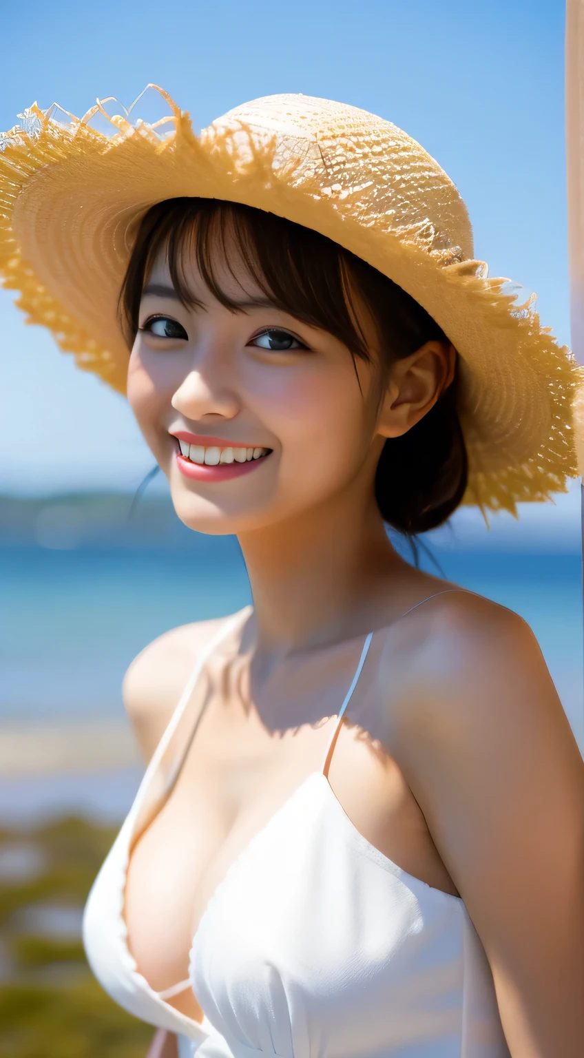 masterpiece,best quality,(Japanese ),((Beautiful girl)),cleavage,(perfect body beauty:1.2),(shy smile),beautiful teeth,(straw hat),(seaside),