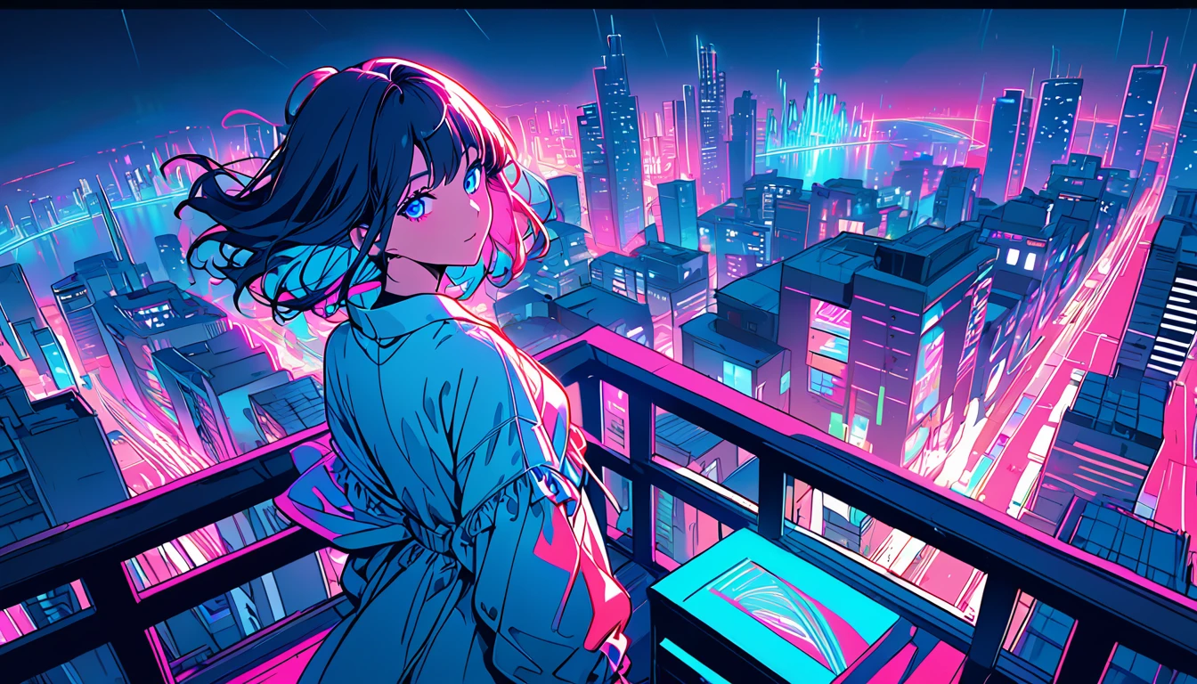 masterpiece,Highest quality,1 Synthwave girl,Blue outline,Neon cityscape,Blue fluorescent paint,solo,From above,Cowboy Shot,Rooftop of a building,Highly detailed CG,Flat Color,Limited palette,Line art,silhouette,Partially colored,Alternate Color,Dynamic Angle,Mizuga Short Bob、Blue long upper champagne,Dark purple shadow,Synth Wave,chromatic aberration,(soloフォーカス)、Perfect Shadow、Wearing an off-the-shoulder floating jacket、Delicate face、、Beautiful and delicate eyes、Delicate background、Blue Neon Light、night、