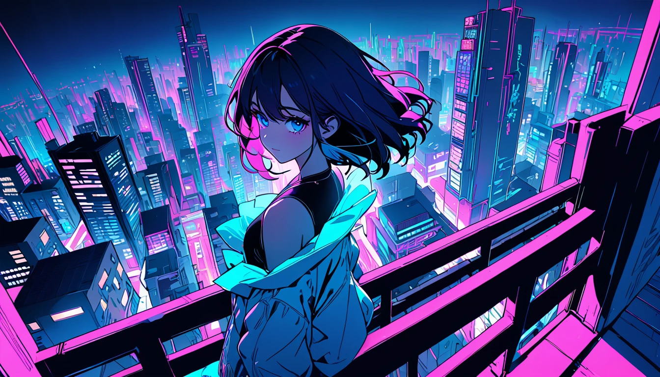 masterpiece,Highest quality,1 Synthwave girl,Blue outline,Neon cityscape,Blue fluorescent paint,solo,From above,Cowboy Shot,Rooftop of a building,Highly detailed CG,Flat Color,Limited palette,Line art,silhouette,Partially colored,Alternate Color,Dynamic Angle,Mizuga Short Bob、Blue long upper champagne,Dark purple shadow,Synth Wave,chromatic aberration,(soloフォーカス)、Perfect Shadow、Wearing an off-the-shoulder floating jacket、Delicate face、、Beautiful and delicate eyes、Delicate background、Blue Neon Light、night、