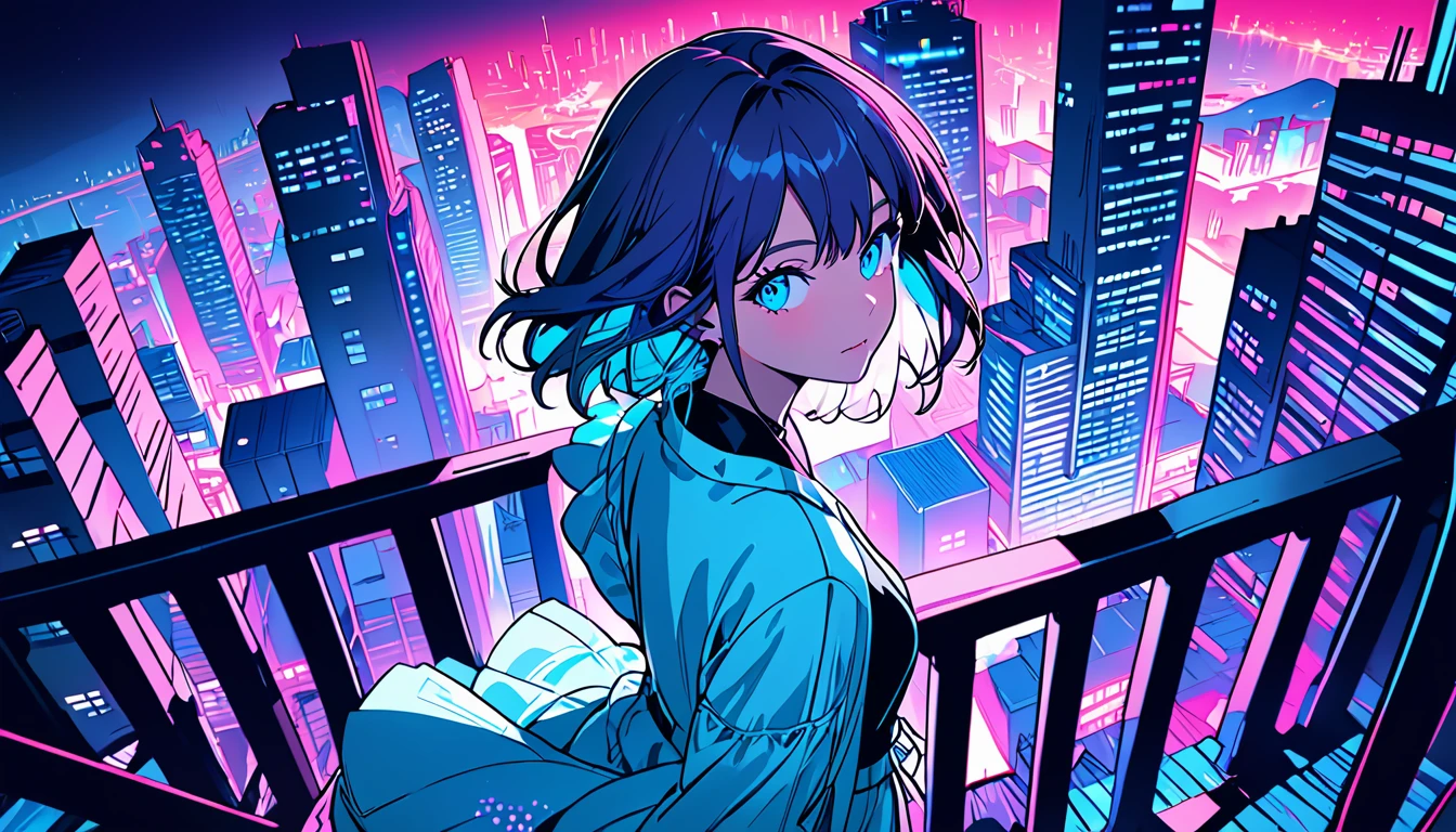 masterpiece,Highest quality,1 Synthwave girl,Blue outline,Neon cityscape,Blue fluorescent paint,solo,From above,Cowboy Shot,Rooftop of a building,Highly detailed CG,Flat Color,Limited palette,Line art,silhouette,Partially colored,Alternate Color,Dynamic Angle,Mizuga Short Bob、Blue long upper champagne,Dark purple shadow,Synth Wave,chromatic aberration,(soloフォーカス)、Perfect Shadow、Wearing an off-the-shoulder floating jacket、Delicate face、、Beautiful and delicate eyes、Delicate background、Blue Neon Light、night、