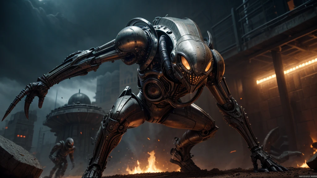 (((MÁQUINAS DE COMBATE DE CARVED STEEL))) (((INCREDIBLE COMBAT PIECE R. h. Giger ))), ((CARVED STEEL), (DEPTH OF FIELD IN FORCED PERSPECTIVE VIEW FROM BELOW OF ALIEN WAR STRAIGHT BIOMECHANICS disgusting alien biology biomechanics) biomechanical alien, unknown, extraterrestrial biology on unknown planet, HEAVY atmosphere with dust particles suspended in the air red - orange WITH SULFUR
