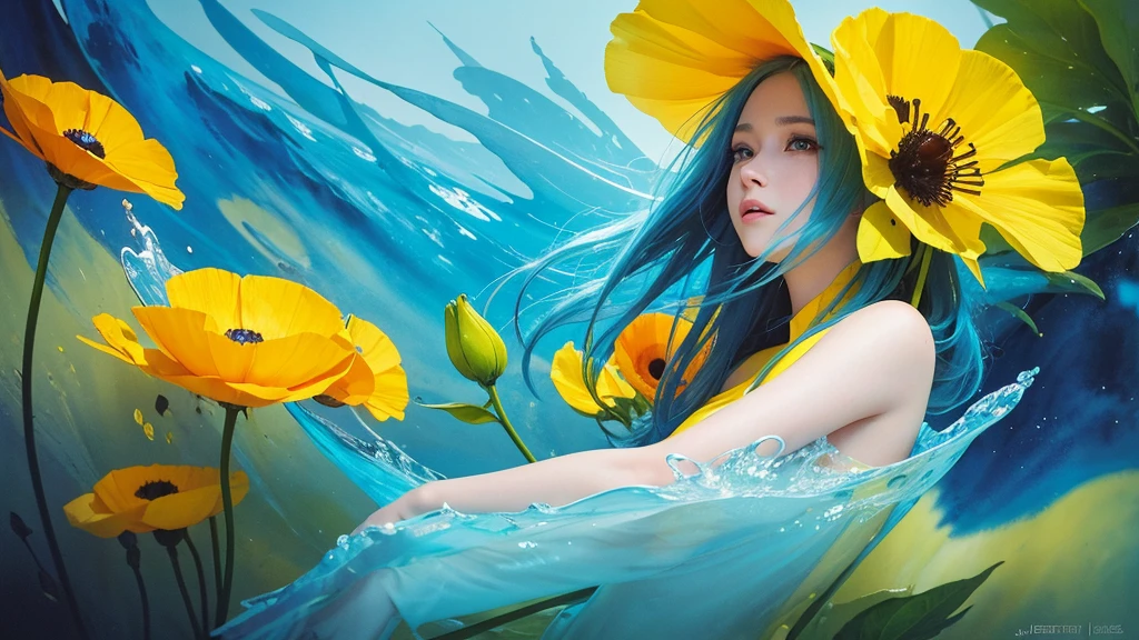 32k, Masterpiece, Highest quality, One girl, Detailed eyes, flower,Iceland Poppy, Blue and yellow style,A dreamy, romantic piece,Pale yellow, Mysterious Leaves,A playful arrangement,Fantasy,High Contrast,Ink strokes,explosion,Exposure, Impression of blue and yellow tones,Abstract,((Watercolours by John Berkey and Jeremy Mann )) Brush strokes,Negative Space, Tyndall effect,