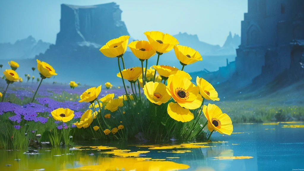 32k, Masterpiece, Highest quality, One girl, Detailed eyes, flower,Iceland Poppy, Blue and yellow style,A dreamy, romantic piece,Pale yellow, Mysterious Leaves,A playful arrangement,Fantasy,High Contrast,Ink strokes,explosion,Exposure, Impression of blue and yellow tones,Abstract,((Watercolours by John Berkey and Jeremy Mann )) Brush strokes,Negative Space, Tyndall effect,