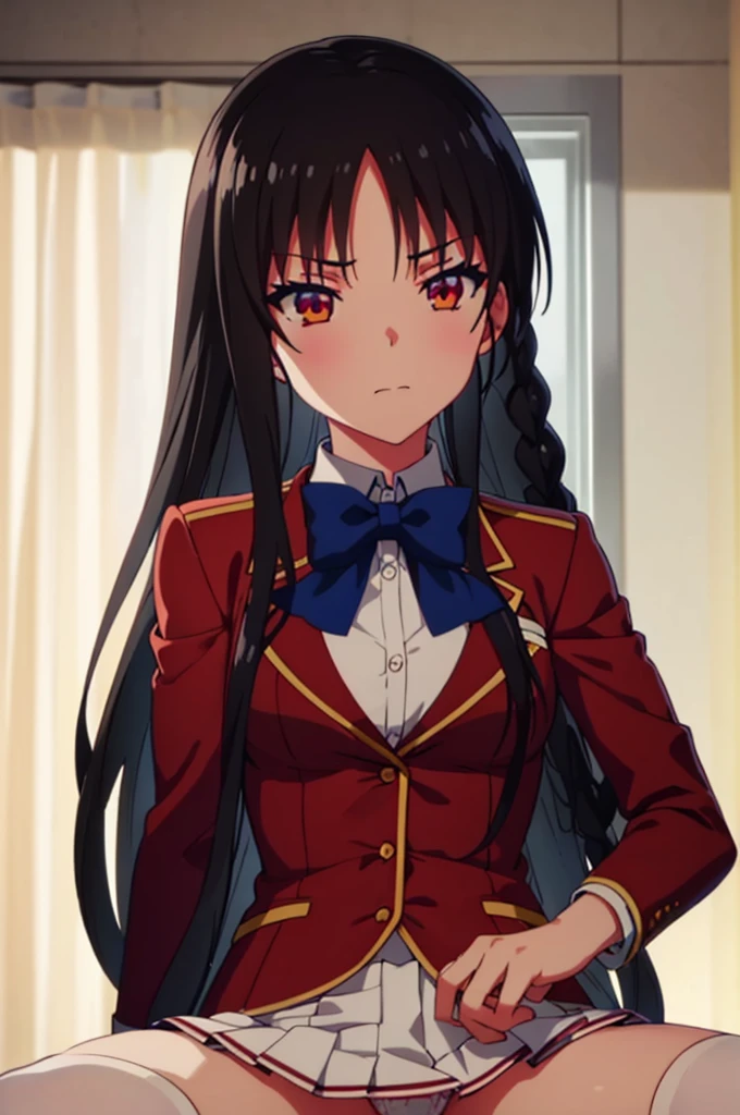 masterpiece, best quality, high resolution, best illustration, super fine illustration, (official art:0.8), anime screencap, detailed beautiful face and eyes, anime keyvisual, (perfect anatomy:1.5), 8k portrait, (detail focus fingers:1.2),
1girl,
Suzune Horikita,
Suzune Horikita \(youjitsu\),
long hair, braid,
black hair,
(red eyes:1.2), slant eyes, small eyes,
blue bow,
medium breasts,
(school uniform, red jacket, white skirt, pleated skirt, black thigh-high socks),
looking at viewer,
perfect light, background of indoors, on the bed, spread legs, show panties, nsfw,
