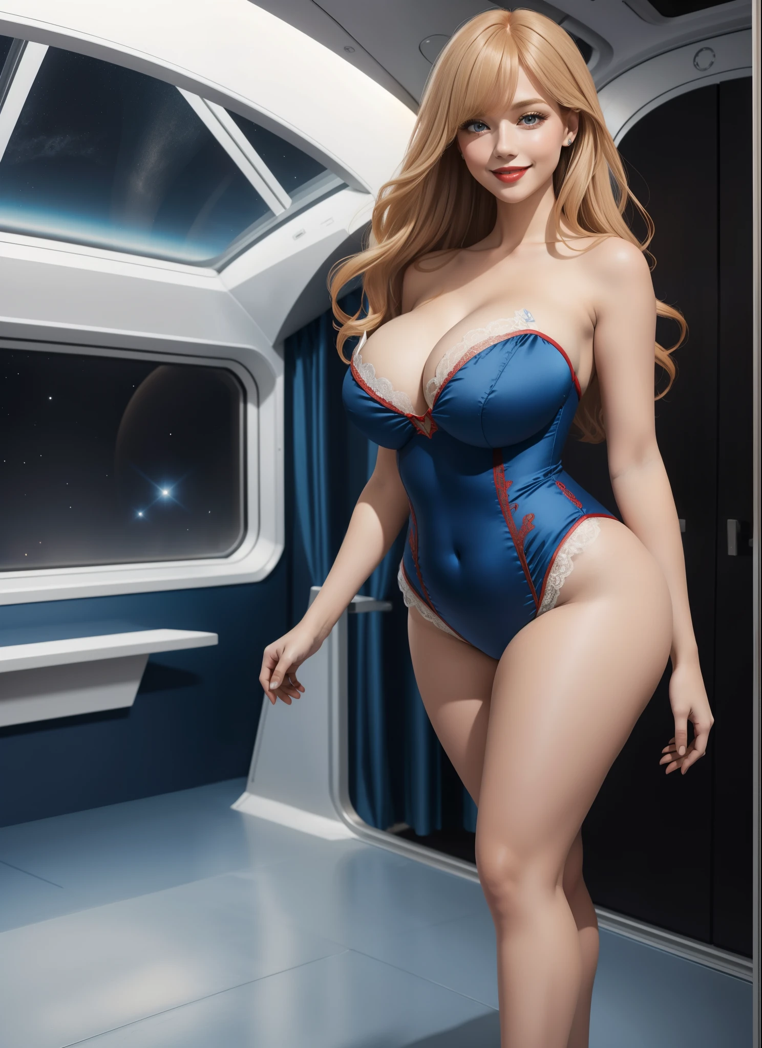 (((1girl))) Supergirl, 27 years old, full body view Beautiful woman (((long caramel blonde hair, two side up with bangs))) defined body, sexy, Red lipstick, smiling, (((standing facing camera))), ((( strapless, pale blue satin leotard with lace trim and matching heels))), in the observation lounge of an orbiting space station by a large picture window, (large_breasts:1.5) (curvy:1.4)(chubby:1.1)