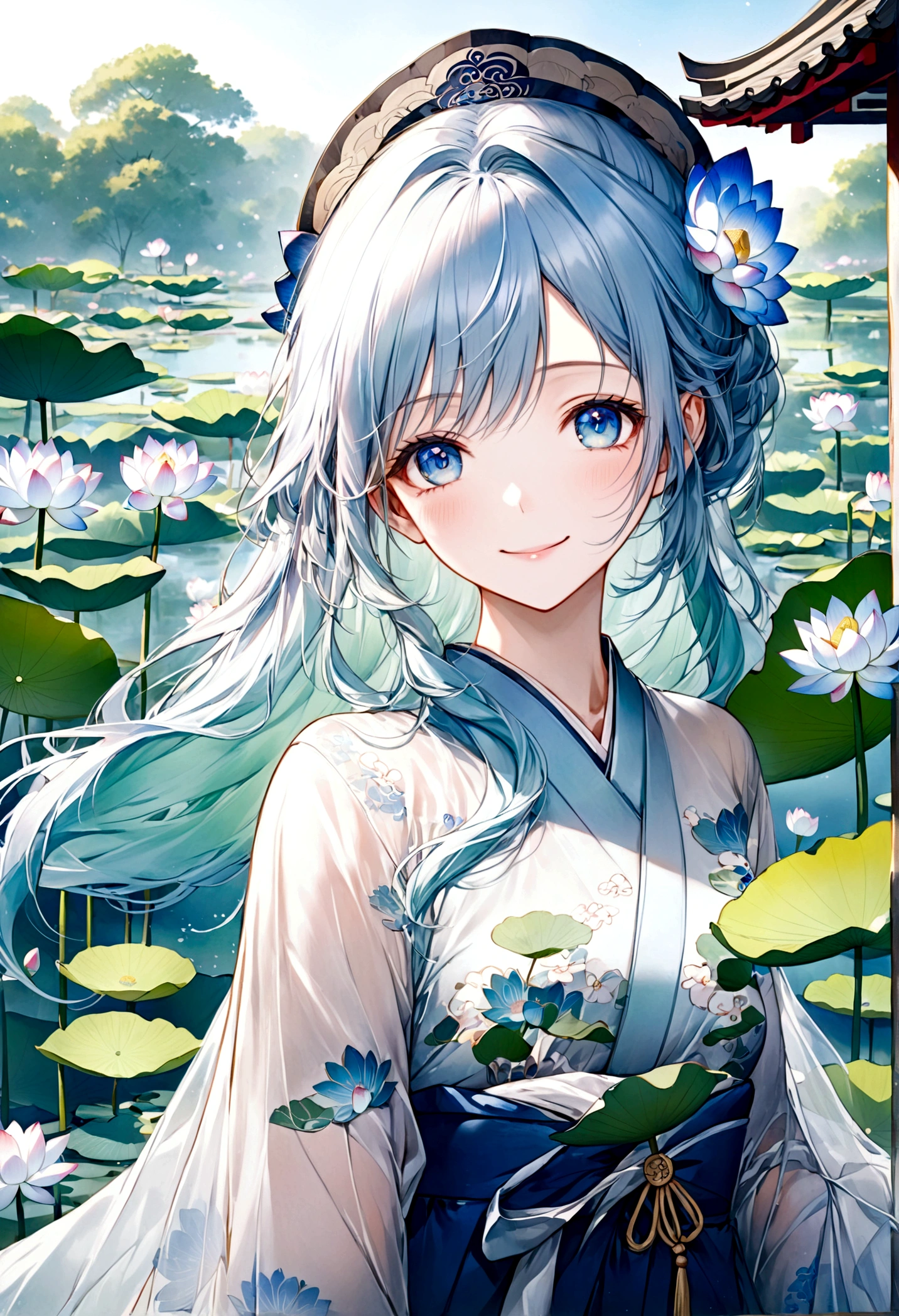 ((top-quality)), ((masterpiece)), ((ultra-detailliert)), (extremely delicate and beautiful), beautiful woman, bright light blue hair, long wavy hair, sapphire blue eyes, traditional chinese hairstyle, wearing sheer blue hanfu dress, flowy shawl, sheer spring green and sheer white shawl, sweet smile, relaxed expression, fair complexion, lotus pond background
