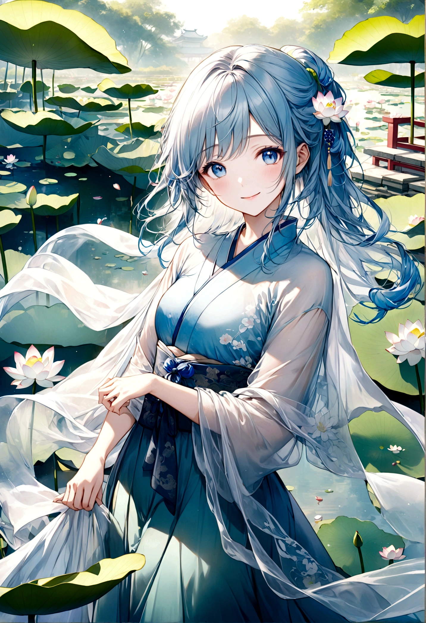 ((top-quality)), ((masterpiece)), ((ultra-detailliert)), (extremely delicate and beautiful), beautiful woman, bright light blue hair, long wavy hair, sapphire blue eyes, traditional chinese hairstyle, wearing sheer blue hanfu dress, flowy shawl, sheer spring green and sheer white shawl, sweet smile, relaxed expression, fair complexion, lotus pond background