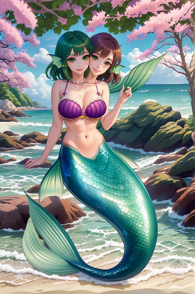 masterpiece, best quality:1.2), 1girl, smile, looking at viewer, green eyes, short brown hair, short green hair, mermaid, mermaid girl, wearing purple seashell bra, sitting on beach, colorful mermaid tail, outdoors, head fins, fin ears, under cherry blossoms, conjoined, (two heads: 1,5), two-headed