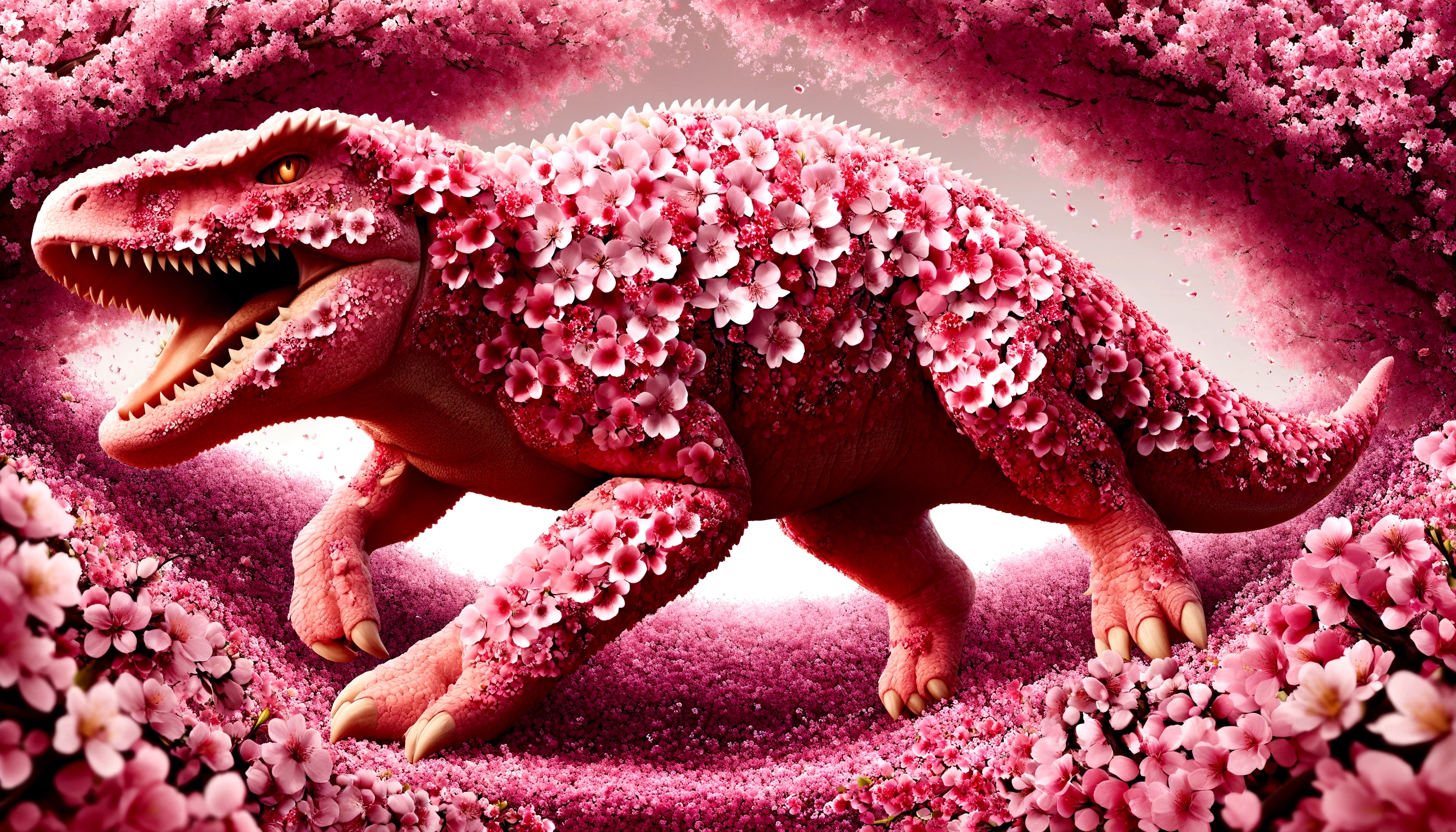 quality\(8k,wallpaper of extremely detailed CG unit, ​masterpiece,hight resolution,top-quality,top-quality real texture skin,hyper realisitic,increase the resolution,RAW photos,best qualtiy,highly detailed,the wallpaper\),Pink dinosaur with beautiful cherry blossoms blooming all over its body, made of cherry blossoms,cute, skin all overed with cherry blossom flowers, cherry blossoms everywhere\),dynamic pose,full body,scary,dynamic angle