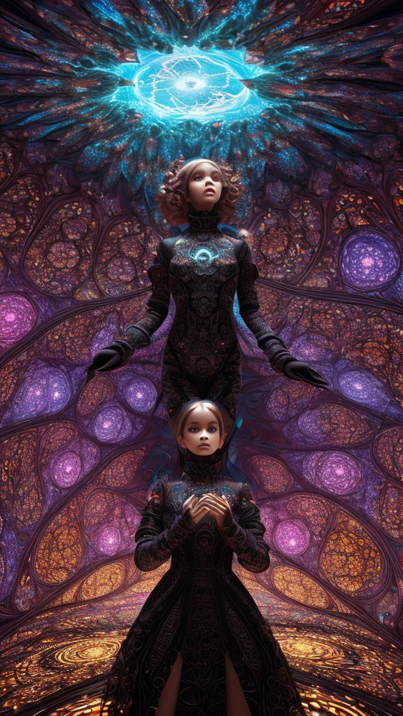 A hyperrealistic girl in a kaleidoscope-inspired fractal space, surrounded by twisted Mandelbrot fractals and wonderful architecture, with gloved hands reaching out from a black hole, photorealistic, extremely detailed, intricate texture, eerie, dark, suspenseful atmosphere, 4D space, Charmander in the background