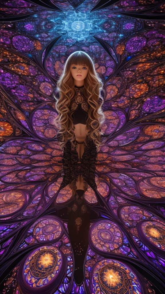 A hyperrealistic girl in a kaleidoscope-inspired fractal space, surrounded by twisted Mandelbrot fractals and wonderful architecture, with gloved hands reaching out from a black hole, photorealistic, extremely detailed, intricate texture, eerie, dark, suspenseful atmosphere, 4D space, Charmander in the background
