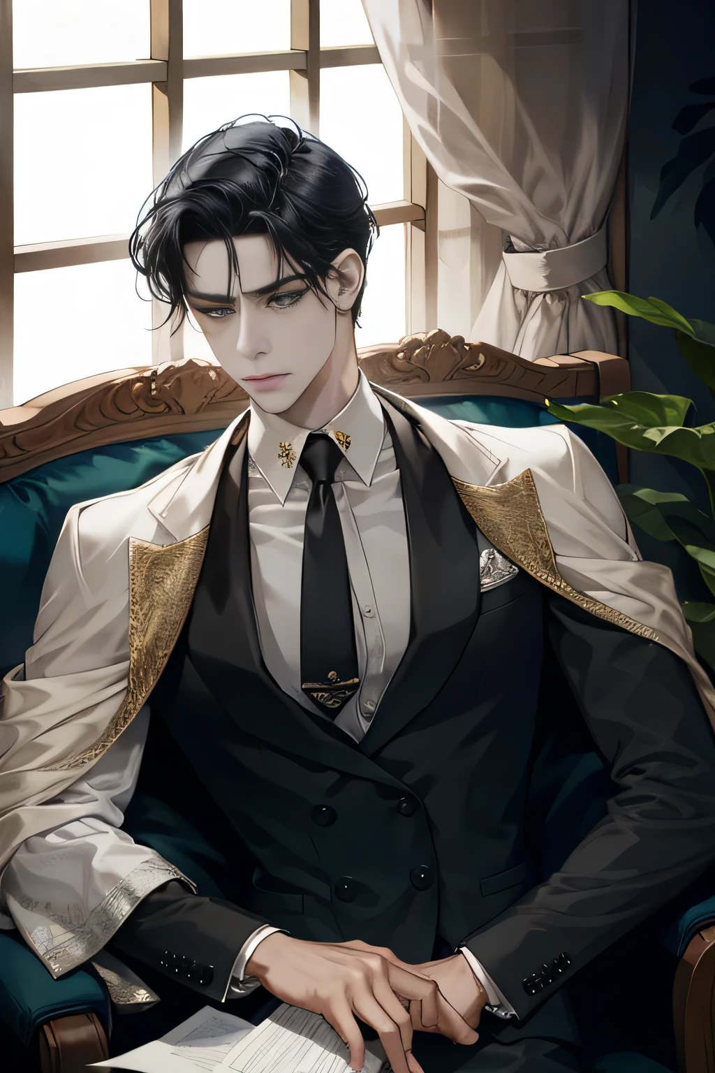 A handsome man sit on luxurious sofa in luxurious livingroom, very short black hair, forehead hair, yellow eyes, mansion, unbutton shirt, reveal smooth abs, thin, perfect body, hold paper in one hand, wristwatch, moonlight outside window, dark, villain vibe, cold, serious, fantasy, not looking at viewer, solo, man focus, messy hair, medium large shoot, sweat, upper body, night