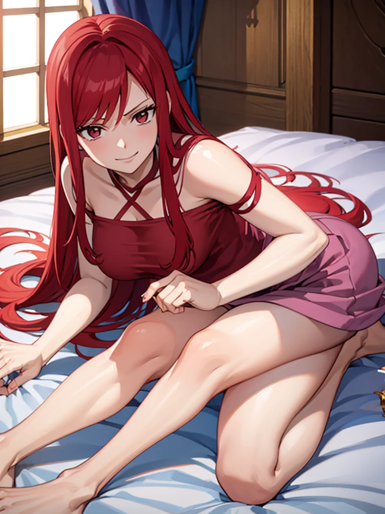 Full body picture of 1 girl: Erza Scarlet, smiling, laying down in bed wearing Rin Tohsaka outfit, in a room with huge church-like windows at night, ultra realistic, top quality, sexy picture