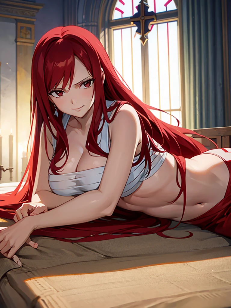 Full body picture of 1 girl: Erza Scarlet, smiling, laying down in bed wearing Rin Tohsaka outfit, in a room with huge church-like windows at night, ultra realistic, top quality, sexy picture