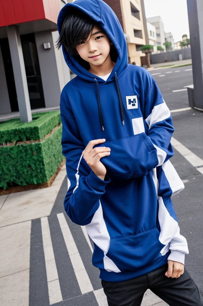 Make my Minecraft Skin into a cute anime boy wearing a block hoodie 