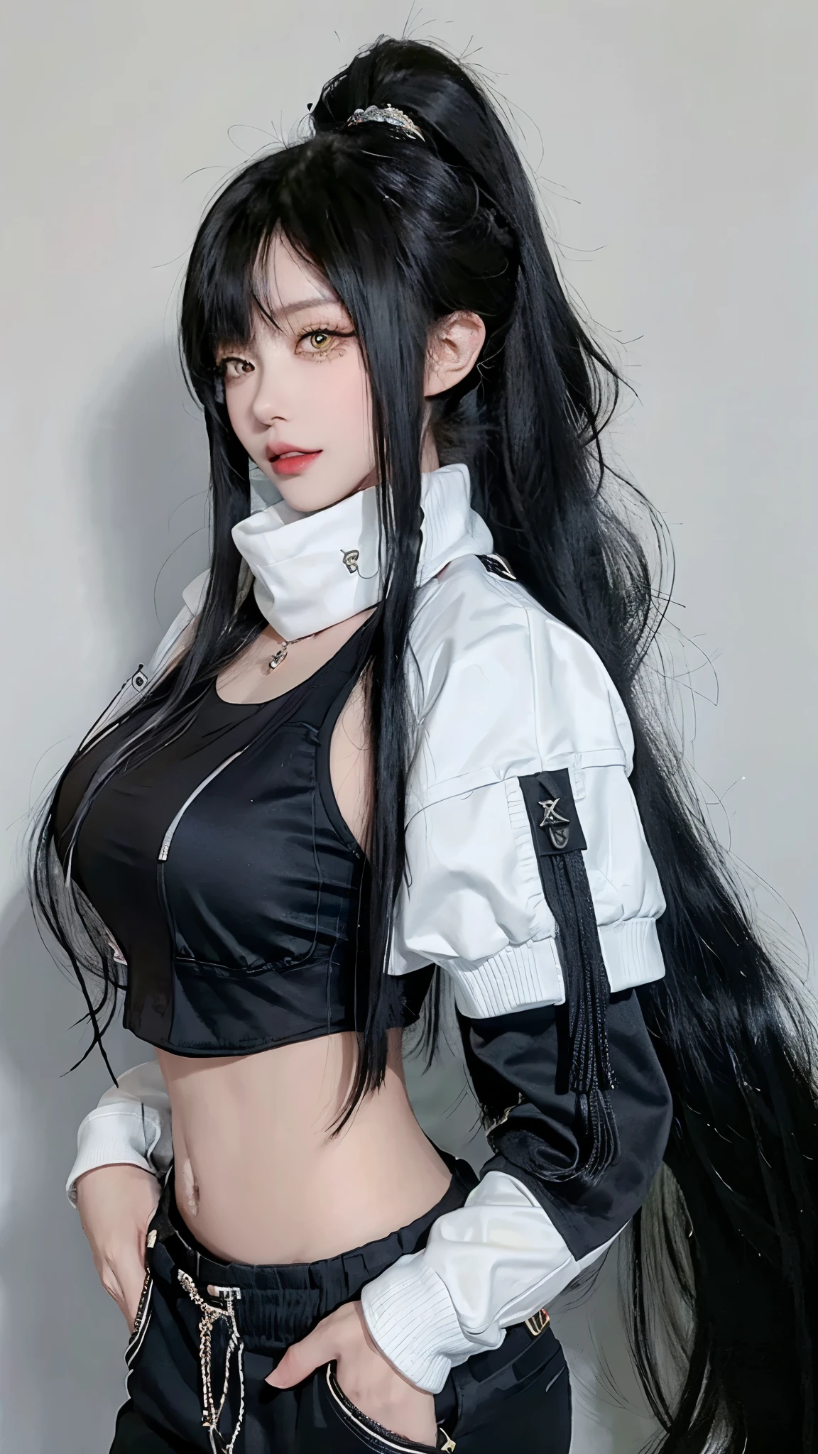 Practical, 1 female, best quality, 12K, HD, Long hair, Big and round breasts, , Ponytail, necklace, Jewelry, shorts, Bomber Jacket, Slim buttocks, scarf, Yellow eyes, Black Hair, Very detailed, Eye details, Hair details, Personal Data, Mouth details, Facial details, breast detail, Clothing details, Hair details, Pants details, Card Details, whole body