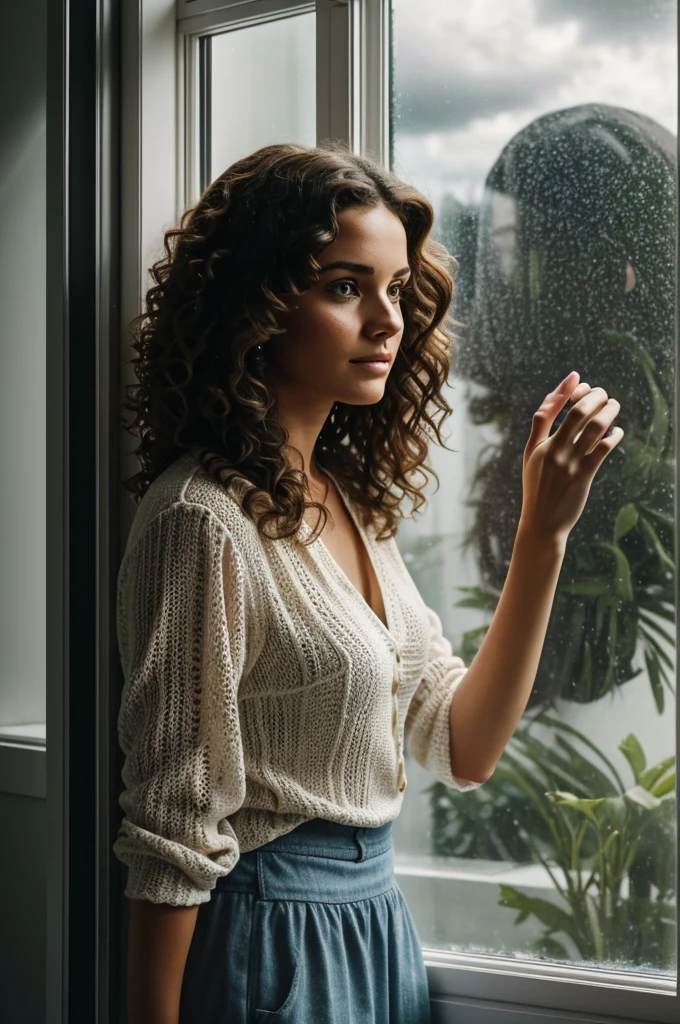 In the foreground I want an image with a brunette woman with curly hair, still approximately 25 years old, this woman this woman is in a room looking through the window, while with his left hand he touches the window glass with the palm of his hand, wanting to get out., on a day where the sky is dark and cloudy