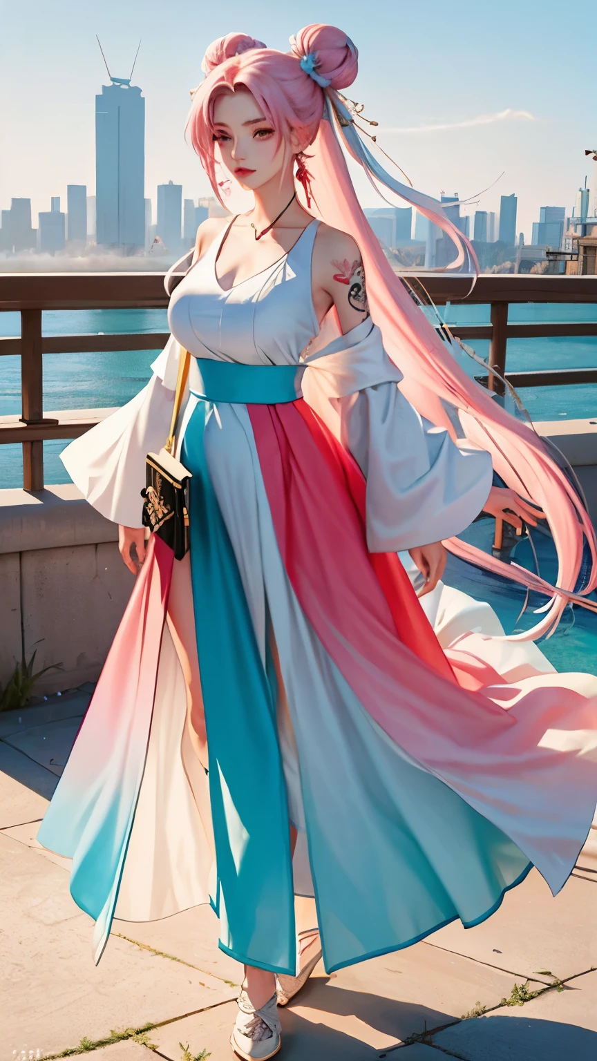 Boomer,Colorful gradient long hair,Double bun head,(((Large V-neck long skirt))),Fashion长裙,Fashion,hemisphere,Big breasts:1.4,Side exposure,City background,High slit long skirt,Beautiful tattoos:1.4