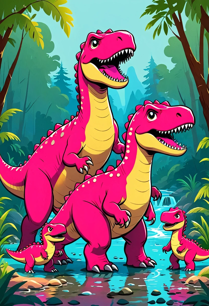 Flat illustration:Cute pink Tyrannosaurus Rex,a family of three,Warm,Creek,