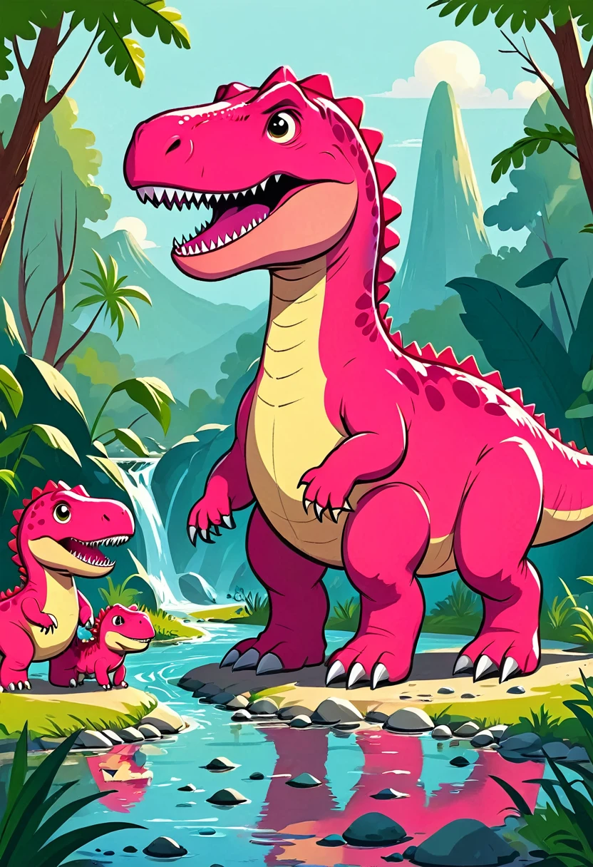 Flat illustration：Cute pink Tyrannosaurus Rex，a family of three，Warm，Creek，