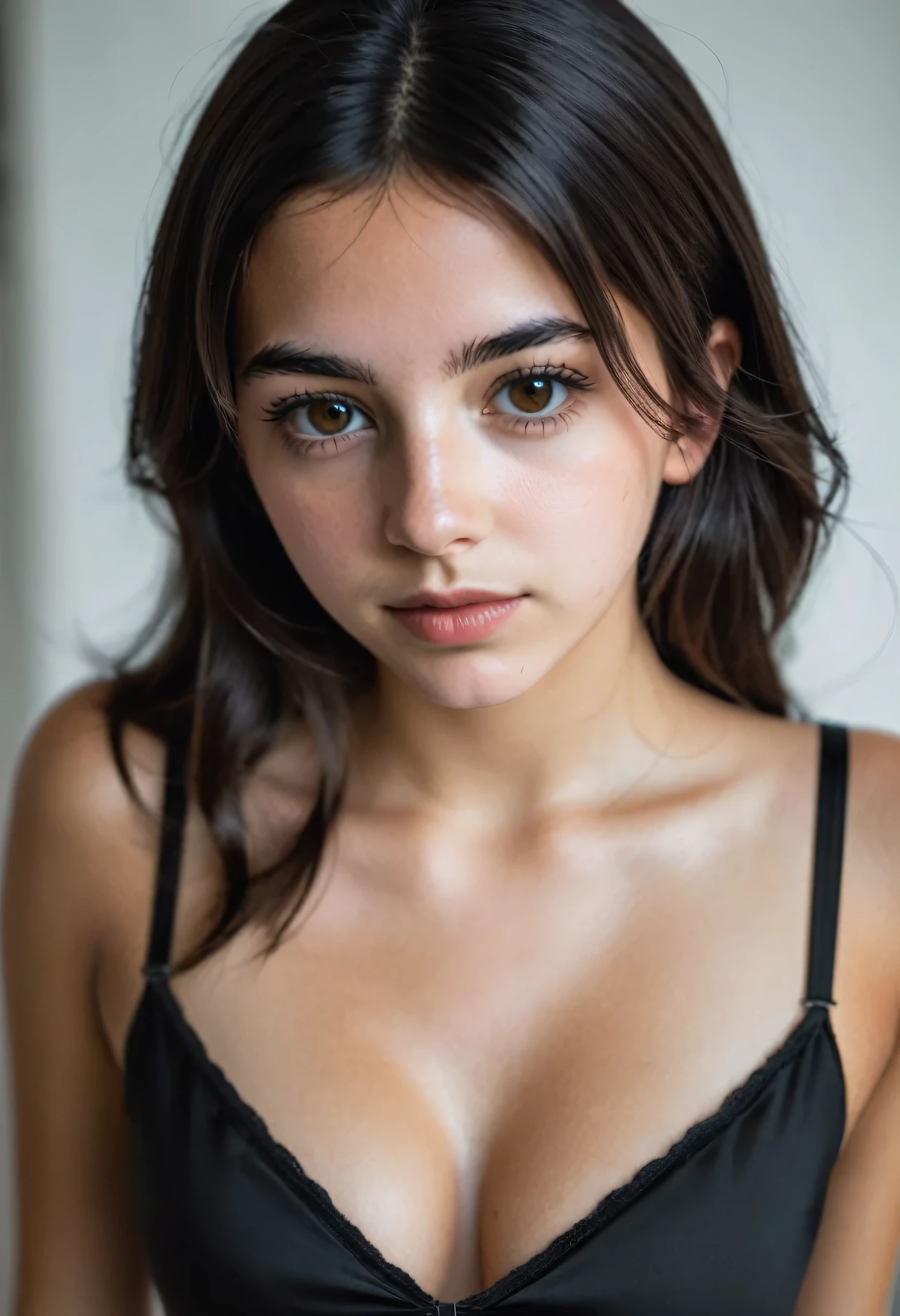 16 year old Argentinian girl with sexy body looking at the camera from above while wearing a black neckline