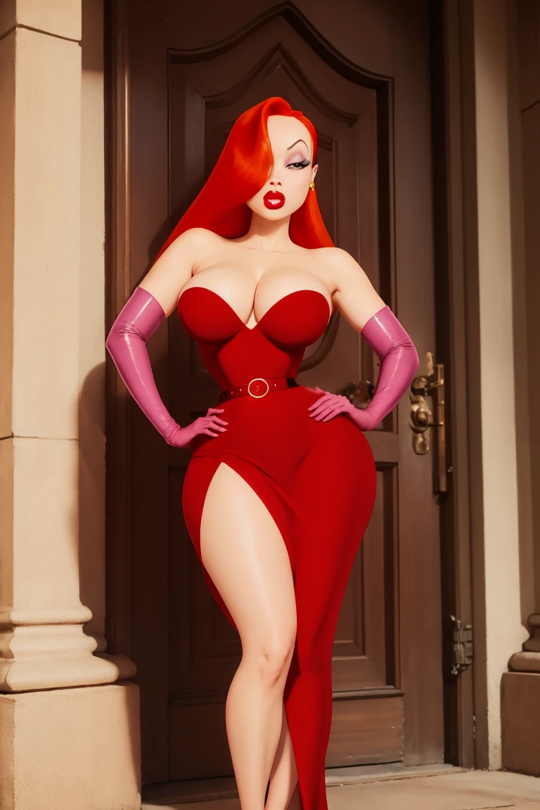 Sexy woman big breasts thick thighs red dress long high heels red gloves long red hair fleshy mouth, TAN STOCKINGS GATHER BELT ON ONE LEG, high heels, sun shiny day