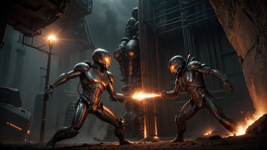 (((MÁQUINAS DE COMBATE DE CARVED STEEL))) (((INCREDIBLE R STYLE COMBAT PIECE. h. Giger ))), ((CARVED STEEL), (DEPTH OF FIELD IN FORCED PERSPECTIVE VIEW FROM BELOW OF ALIEN WAR STRAIGHT BIOMECHANICS disgusting alien biology biomechanics) biomechanical alien, unknown, extraterrestrial biology on unknown planet, HEAVY atmosphere with dust particles suspended in the air red - orange WITH SULFUR