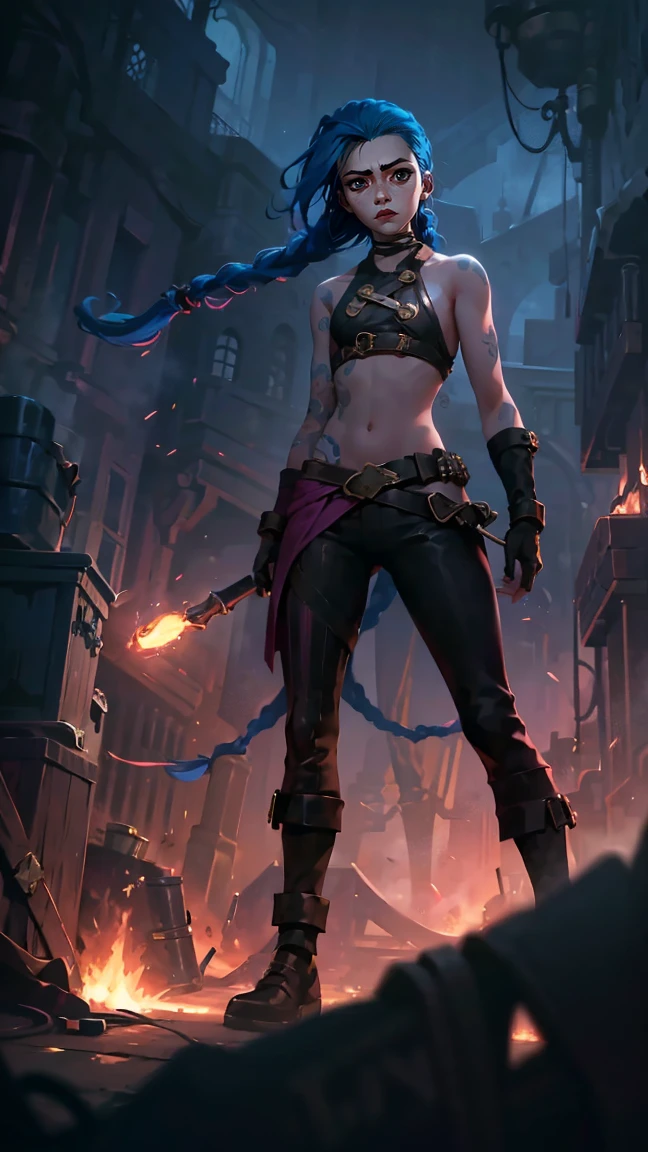 (masterpiece, Best quality), 1 girl, portrait, very sexy, crazy look, smile, crying, pink tears, tears on the cheeks, tears from eyes, full length (full body 1.1.), очень feminine, fighting stance, battle, fire, explosions, burning city, beautiful waist, gloomy composition, flame, fire, Flash, very beautiful, feminine, long hair, hair braided in long braids, very sexy, tight leather pants, emphasis on the eyes, face accent, Beautiful face, Hands, Hair, Haired ponytail, red purple eyes, Джинкс crying, Blue cloud tattoo, (masterpiece, Best quality), Side lighting, beautiful detailed eyes, crazy face), (Best quality), (masterpiece), magic photography, Spectacular lighting, Photorealism, ultra detailed, интимная portraitная композиция, 1. 4,8 k UHD, aesthetic, Cd., A high resolution, 8 k, better lighting, Best shade, Ultra-HD, A high resolution, sharp focus, Complex background, Cinematic lighting, ((Landscape view)), 4K block, (better lighting), ((Cinematic lighting)),