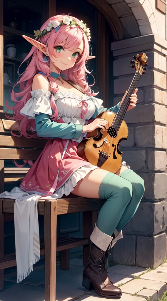 beautiful adult women elf, long pink hair and blue streaks hair, green eyes, with flower crown, smile, flirty bard, holding a lyre, boots, blue and pink armor dress, medium bust, 
