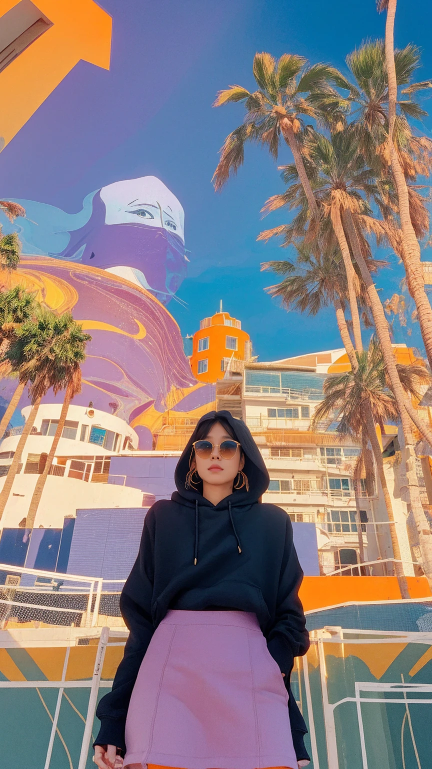 1 girl, beautiful, black bob hair, almond eye, no makeup, ((orange oversized hoodie)), (purple tennis skirt) in front of 80's architecture colorful motel,(from below:1.2), (realistic:1.2), (surreal:1.3), (very detailed:1.1), ((masterpiece)),summer, blue sky, palm trees,sunny, los angles vibes,