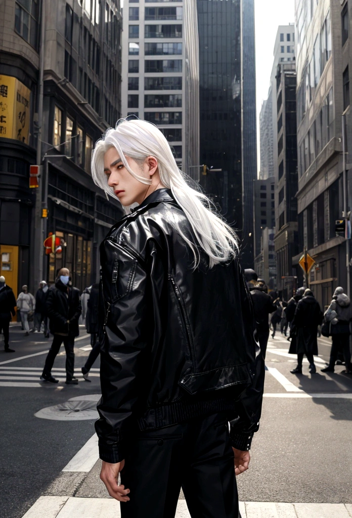 a white-haired young man has his back to the viewer in the middle of a busy city. black jacket and black trouser.