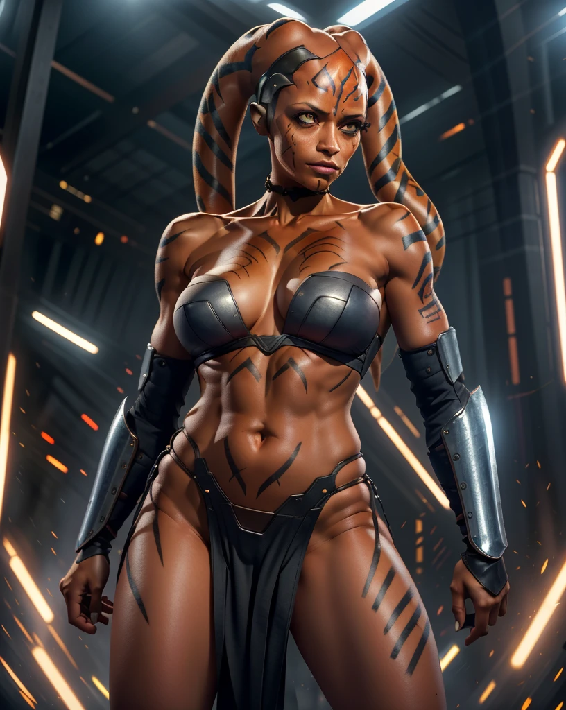 1girl, detailed, masterpiece,HDR, detailed sharp, best quality, solo, looking at viewer, StarWAhsoka, 1girl, dark skin, white facial mark, rosario dawson

red skin, orange eyes, facial mark, tattoo,
pelvic curtain, armor,