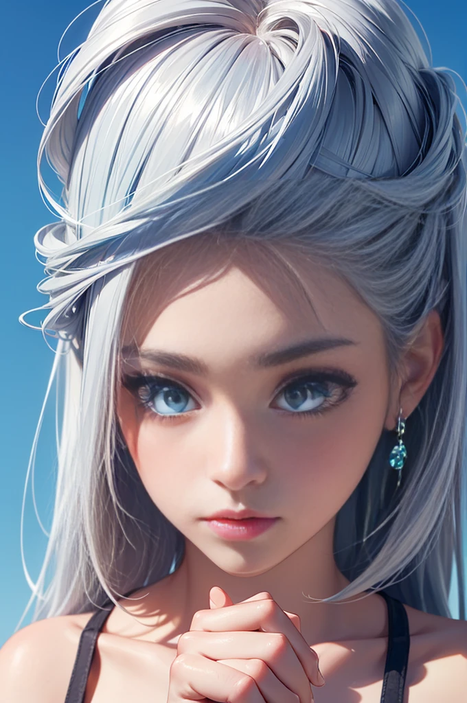 Transparent silver hair))、Semi-long hair、((Shiny blue eyes))、(Cute Summer Clothes)、resolution, unity 8k wallpaper, (figure:0.8), (Detailed and beautiful eyes:1.6), Highly detailed face, Perfect lighting, Extremely detailed CG, (Perfect hands, Perfect Anatomy), , t