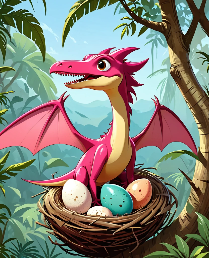 Interesting illustrations:Cute pink pterosaur,Dinosaur eggs in a tree nest