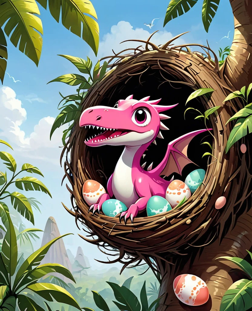 Interesting illustrations：Cute pink pterosaur，Dinosaur eggs in a tree nest