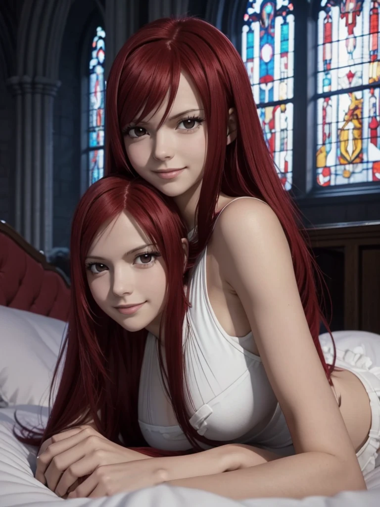 Full body picture of 1 girl: Erza Scarlet, smiling, laying down in bed wearing Rin Tohsaka outfit, in a room with huge church-like windows at night, ultra realistic, top quality, sexy picture