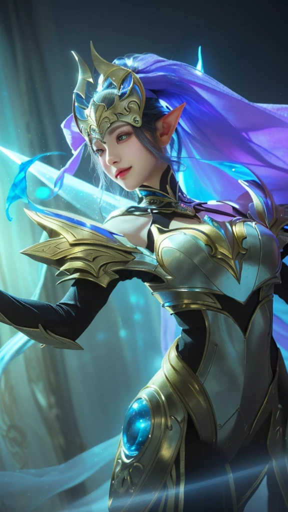 a close up portrait of a beautiful woman with captivating eyes and delicate features, ethereal elf princess knight in a mystical space setting, gentle smile, intricate armor details, volumetric lighting, highly detailed, 8K, hyper realistic, cinematic, award winning digital art, dramatic color palette, dramatic chiaroscuro lighting