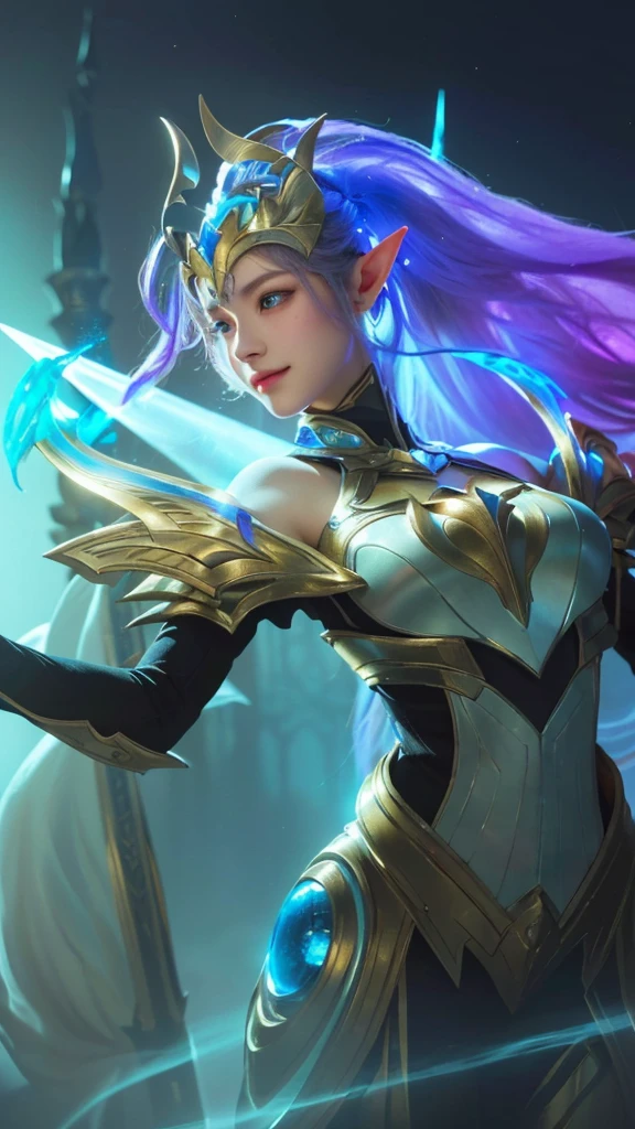 a close up portrait of a beautiful woman with captivating eyes and delicate features, ethereal elf princess knight in a mystical space setting, gentle smile, intricate armor details, volumetric lighting, highly detailed, 8K, hyper realistic, cinematic, award winning digital art, dramatic color palette, dramatic chiaroscuro lighting