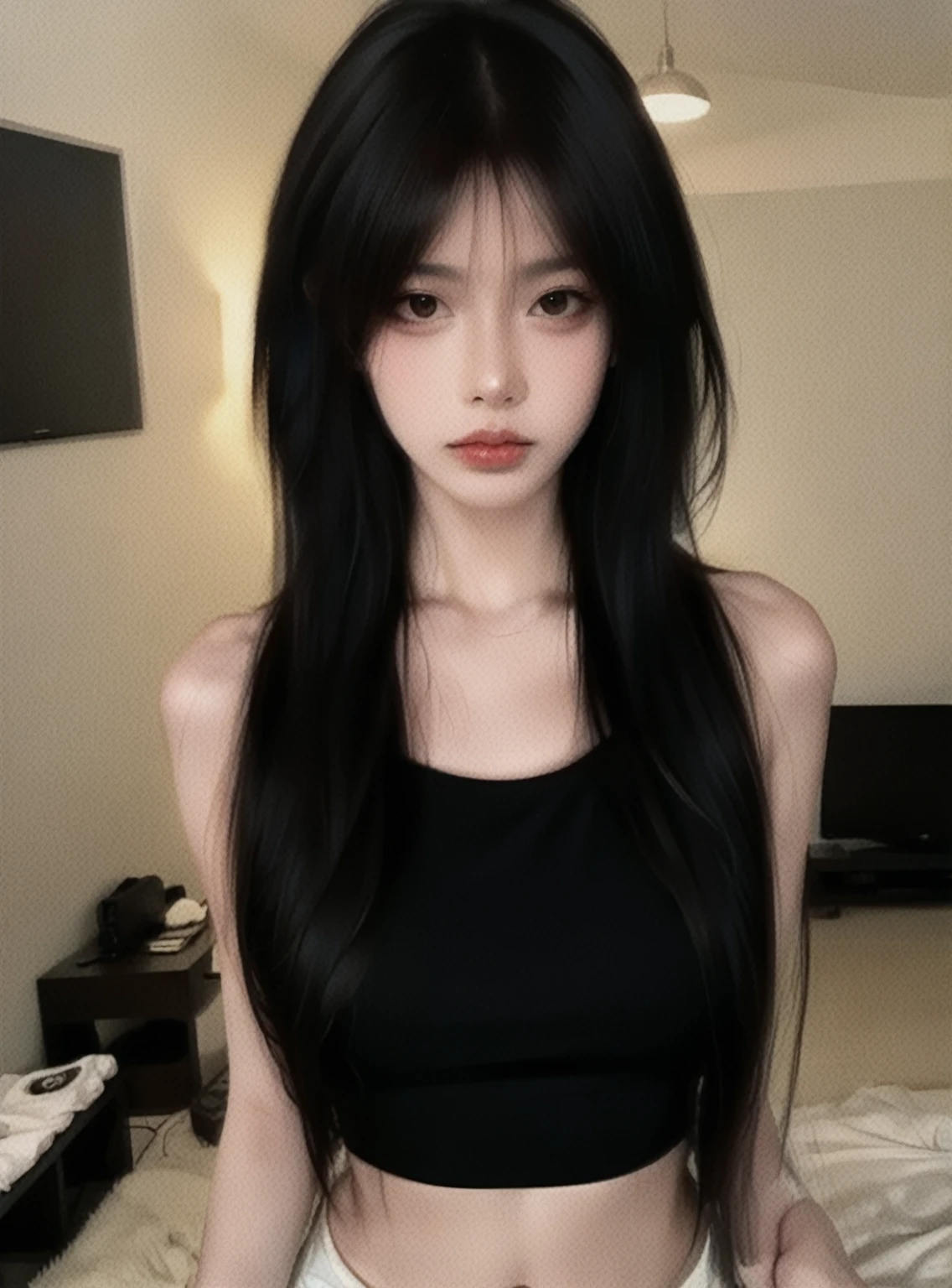 1 beautiful korean woman, korean girl, long black hair with bangs, long dark hair, detailed asian facial features, intense dark eyes, detailed lips, elegant posture, mysterious gothic outfit, dark and moody atmosphere, dramatic lighting, dramatic shadows, cinematic composition, highly detailed, intricate detail, sharp focus, photo-realistic, hyper-realistic, masterpiece, cinematic quality, dramatic colors, moody colors