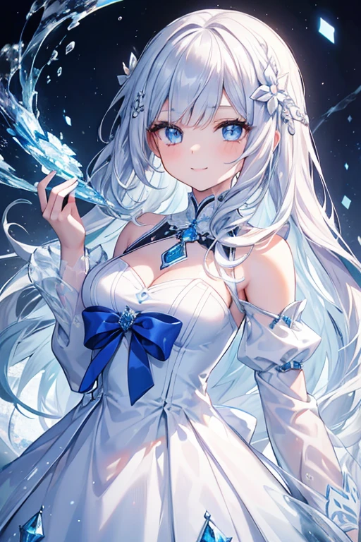 young girl, silver-diamond hair, diamond eyes, beautiful and detailed eyes, long hair with a charming style, scary smile, blue and white dress, ice flakes, ice flowers, surrounded by ice and snow