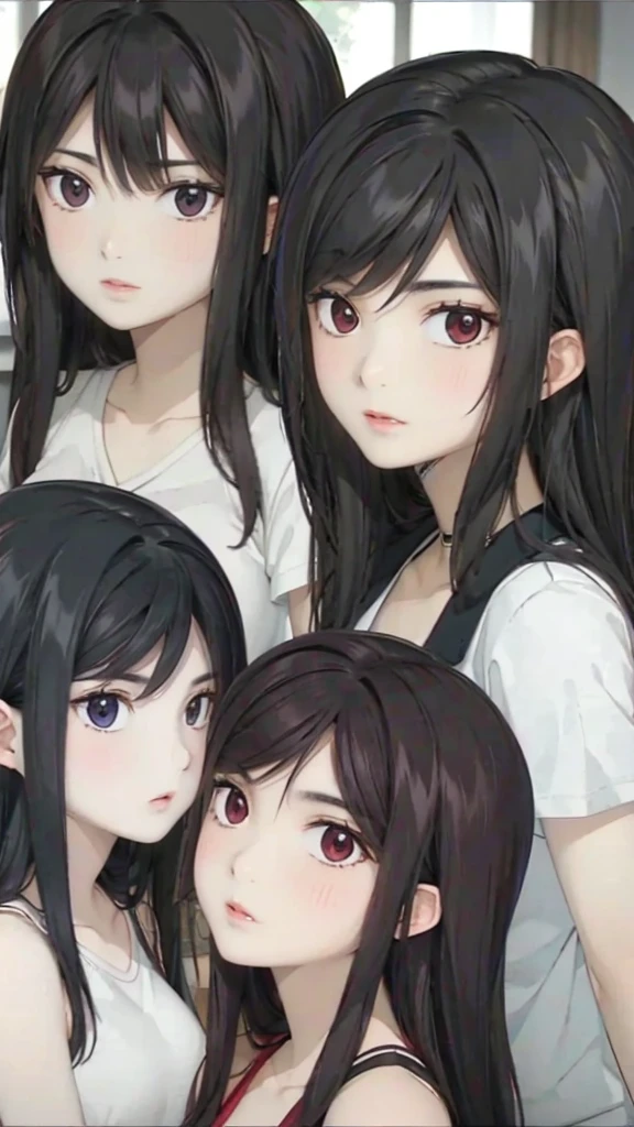 Mommy with 4 daughters,black hair, long hair, messy hair, hair between eyes, chubby cheek,Sexy lips, pucker lips