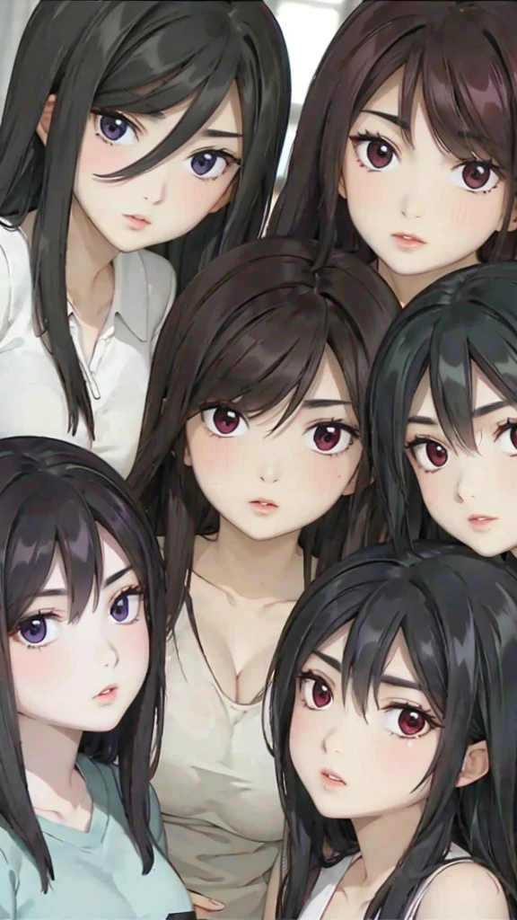 Mommy with 4 daughters,black hair, long hair, messy hair, hair between eyes, chubby cheek,Sexy lips, pucker lips