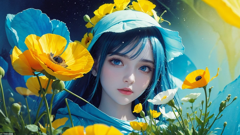 32k, Masterpiece, Highest quality, One girl, Detailed eyes, flower,Iceland Poppy, Blue and yellow style,A dreamy, romantic piece,Pale yellow, Mysterious Leaves,A playful arrangement,Fantasy,High Contrast,Ink strokes,explosion,Exposure, Impression of blue and yellow tones,Abstract,((Watercolours by John Berkey and Jeremy Mann )) Brush strokes,Negative Space, Tyndall effect,