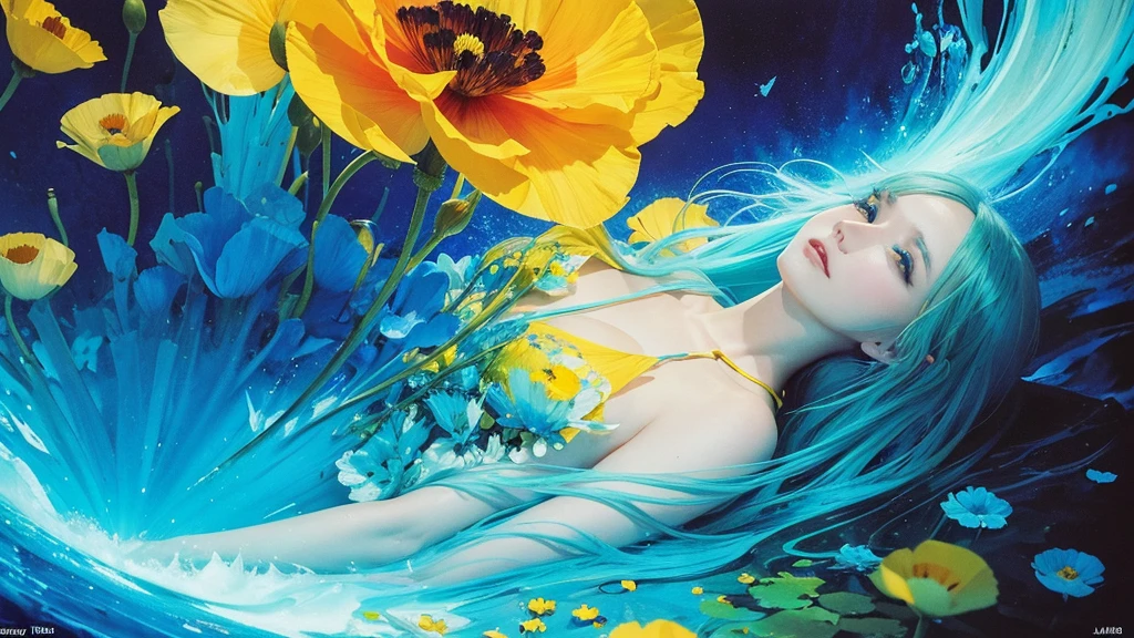 32k, Masterpiece, Highest quality, One girl, Detailed eyes, flower,Iceland Poppy, Blue and yellow style,A dreamy, romantic piece,Pale yellow, Mysterious Leaves,A playful arrangement,Fantasy,High Contrast,Ink strokes,explosion,Exposure, Impression of blue and yellow tones,Abstract,((Watercolours by John Berkey and Jeremy Mann )) Brush strokes,Negative Space, Tyndall effect,